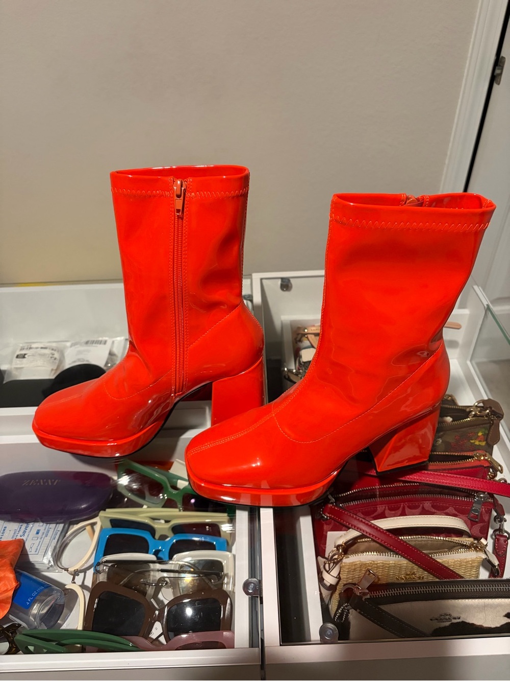 Women's Bright Orange Patent Mid-Calf Block Heel Boots